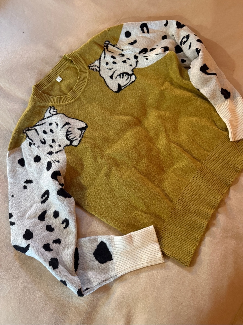Olive Green Crewneck Sweater with Leopard-Print Sleeves